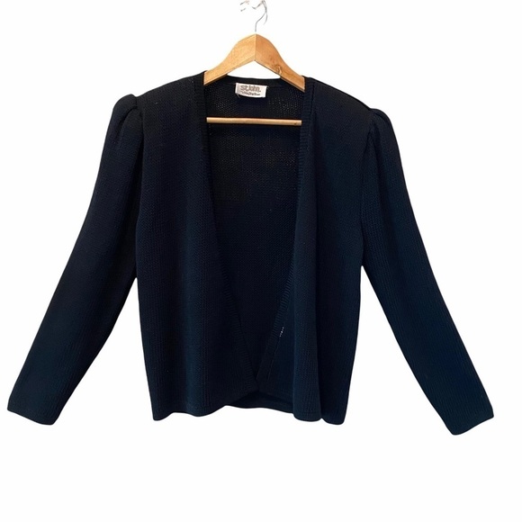 ST. JOHN Vintage 70’s Santana Knit Open Front Puff Shoulders Black Cardigan - Picture 6 of 10